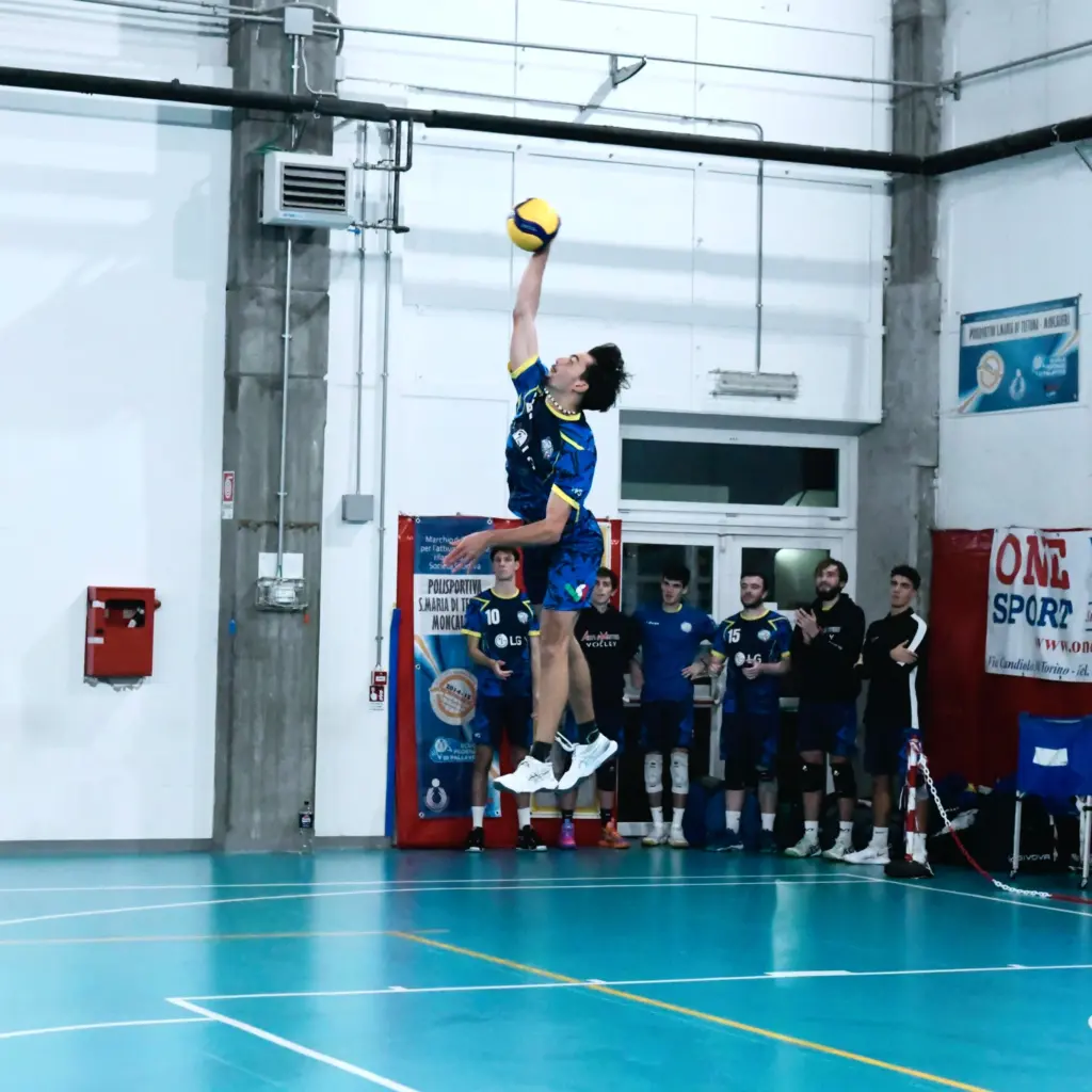 Pallavolista Florent Emmanuel Cucchi in battuta con pallone in alzata, tutto intorno fa da sfondo campo la pallavolo e i compagni